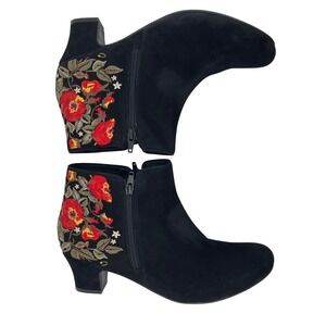 Hotter Ankle Boots Womens 9.5 Black Suede Floral Embroidered Dark Romantic Boho